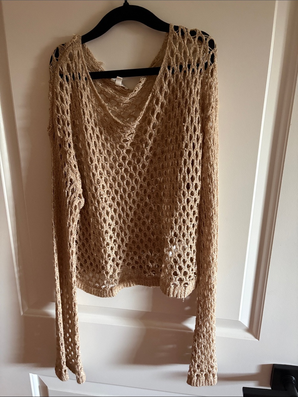 Lightweight Tan Open-Knit V-Neck Sweater